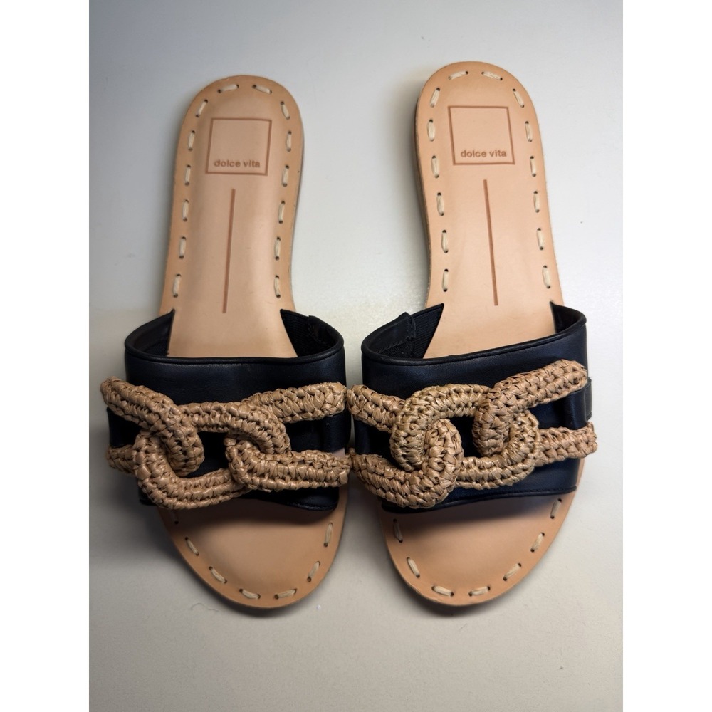Dolce Vita Desa Slide Sandals Women's Size 8 Black Leather Raffia Chain Slides
